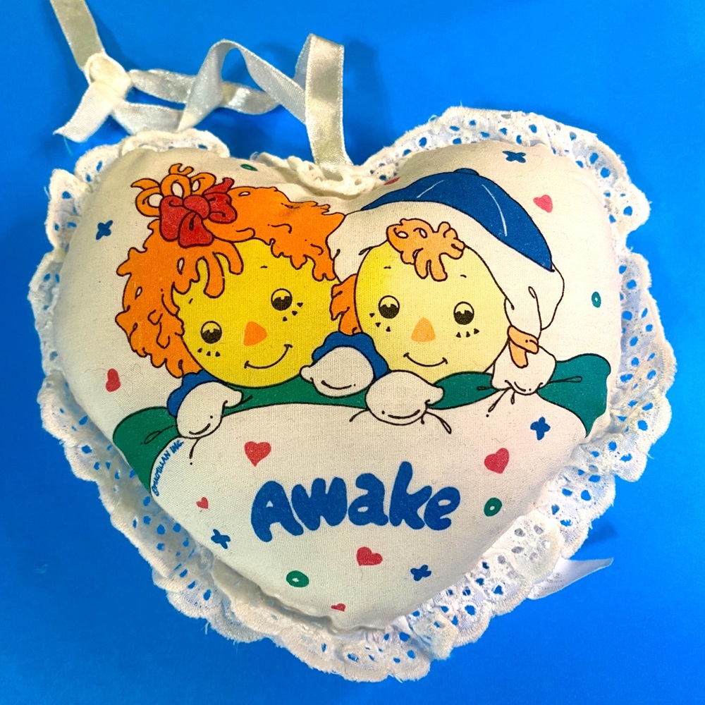 Raggedy Ann & Andy Heart-Shaped VTG Mini Pillow Doubled Sided Awake & Asleep